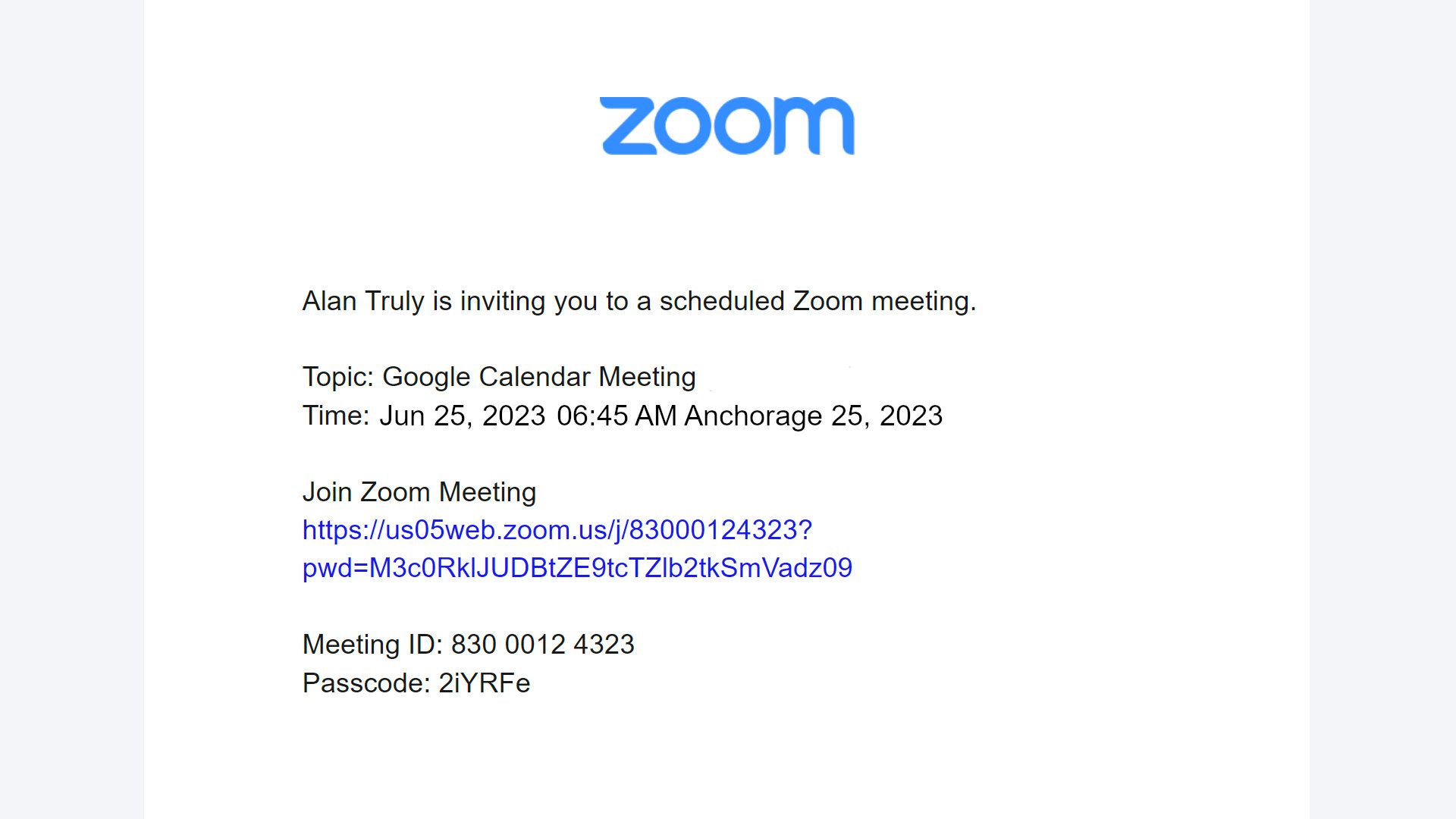 Uma janela mostra as informações da reunião, incluindo tópico, horário, link da reunião Zoom, ID da reunião e senha.  Selecione qualquer um ou todo o texto para colar em um e-mail.
