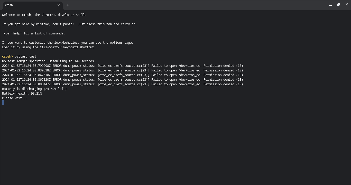 captura de tela da interface crosh executando o comando battery_test