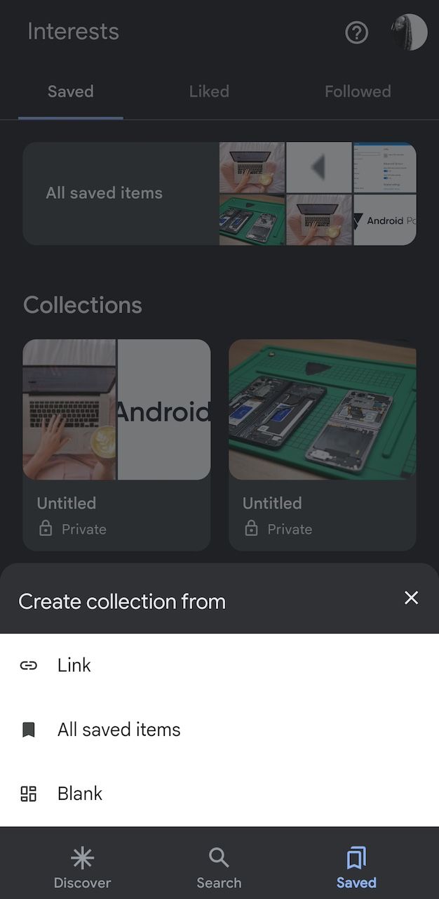 Crie uma coleção a partir de opções no Google app