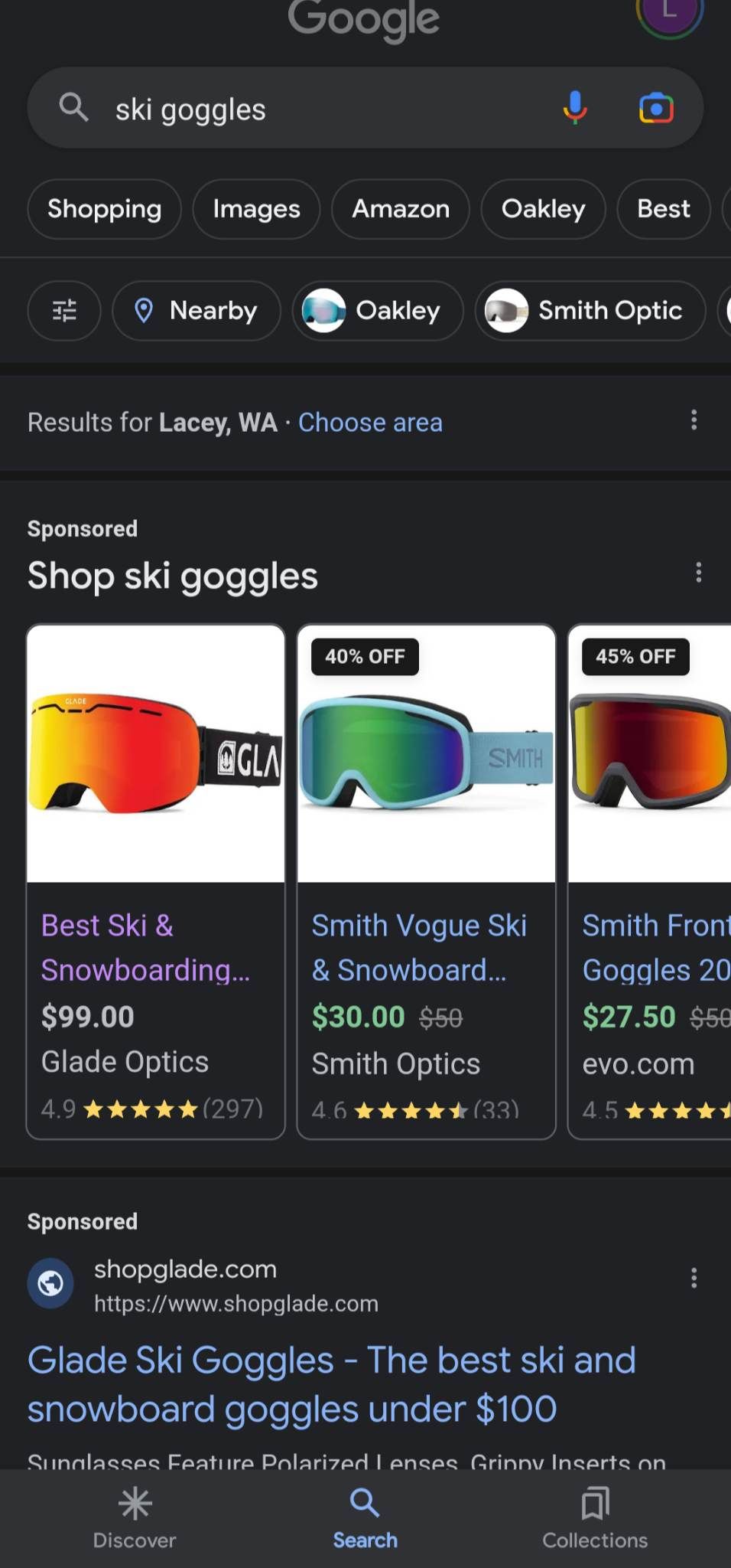 Pesquise óculos de esqui no Google app
