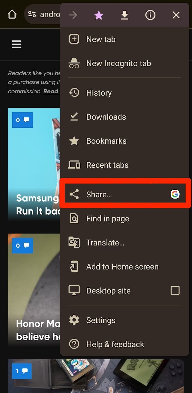 Selecionando a opção Compartilhar no menu do aplicativo Google Chrome