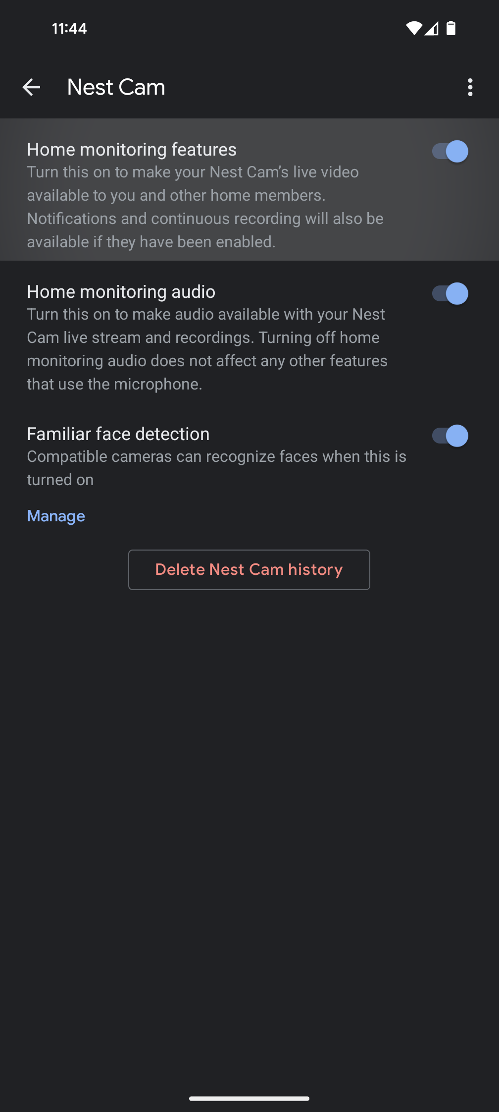 Captura de tela do app Google Home mostrando as configurações do Nest Hub Max Nest Cam