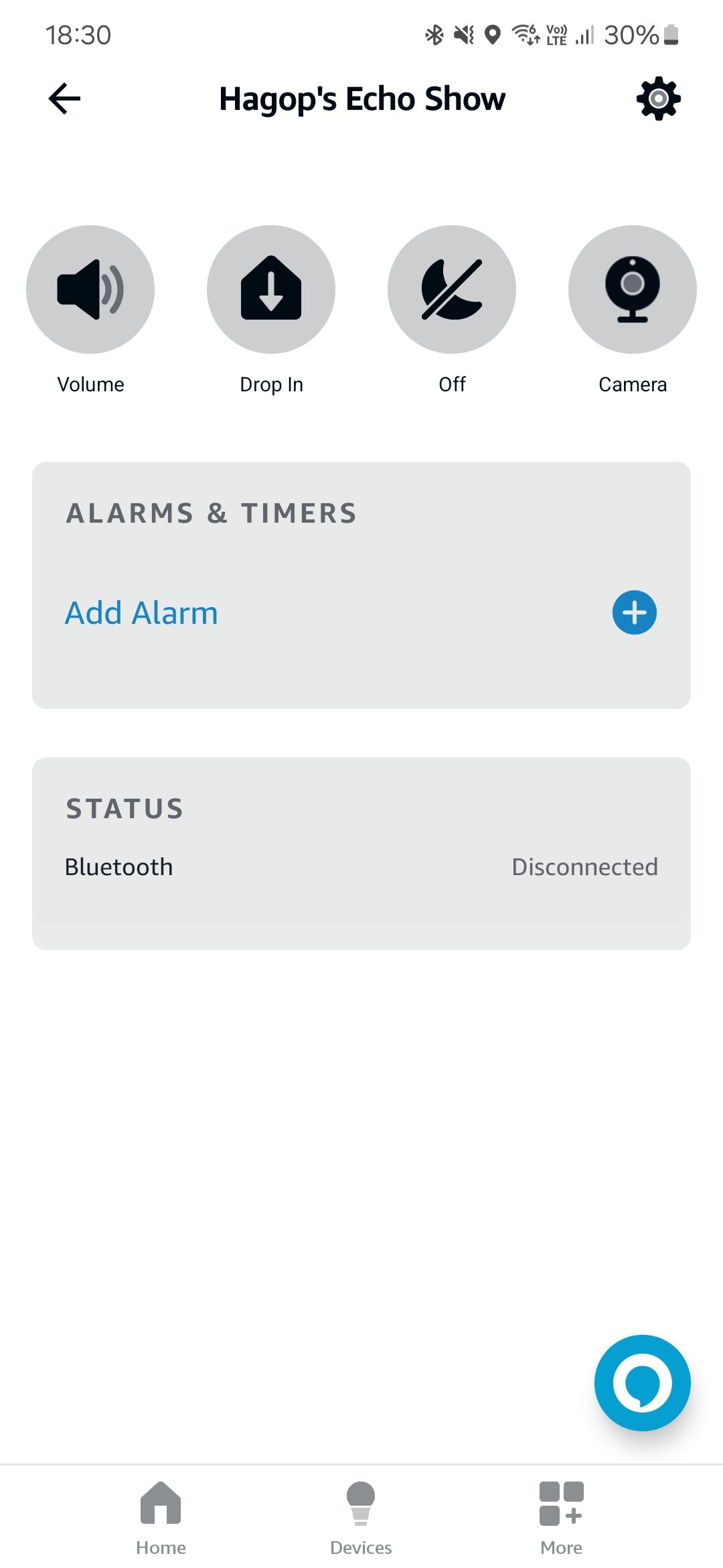 Captura de tela do aplicativo Alexa mostrando o painel do Echo Show