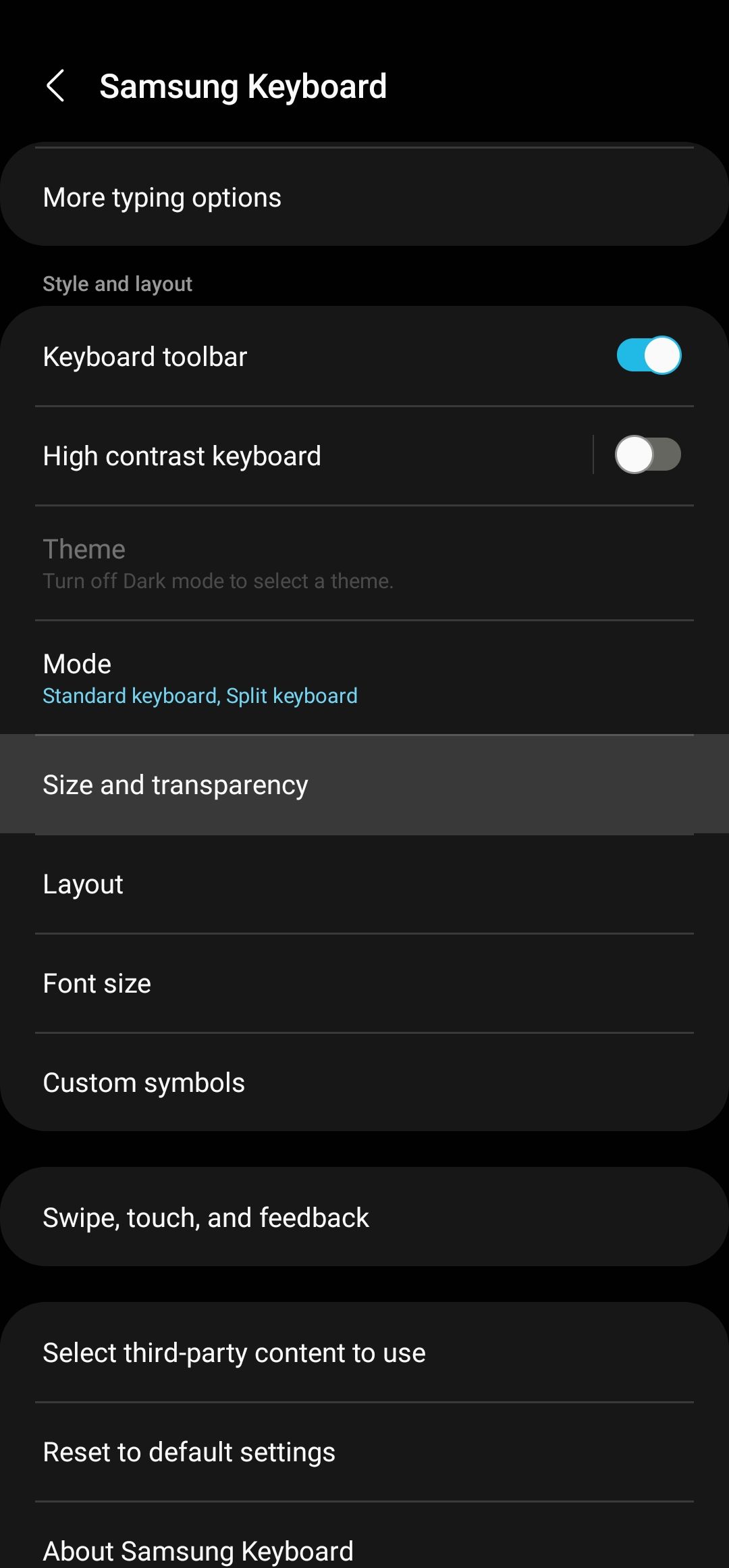 selecione tamanho e transparência no teclado Samsung