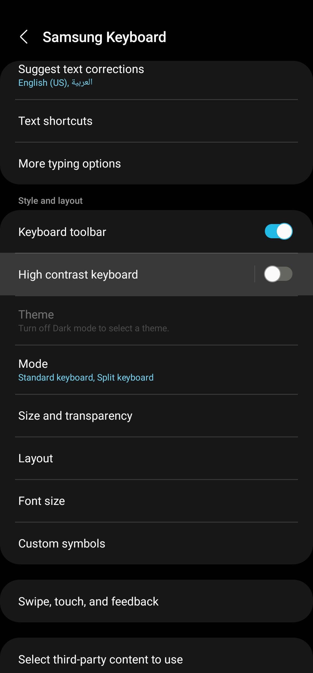 Alto contraste do teclado Samsung