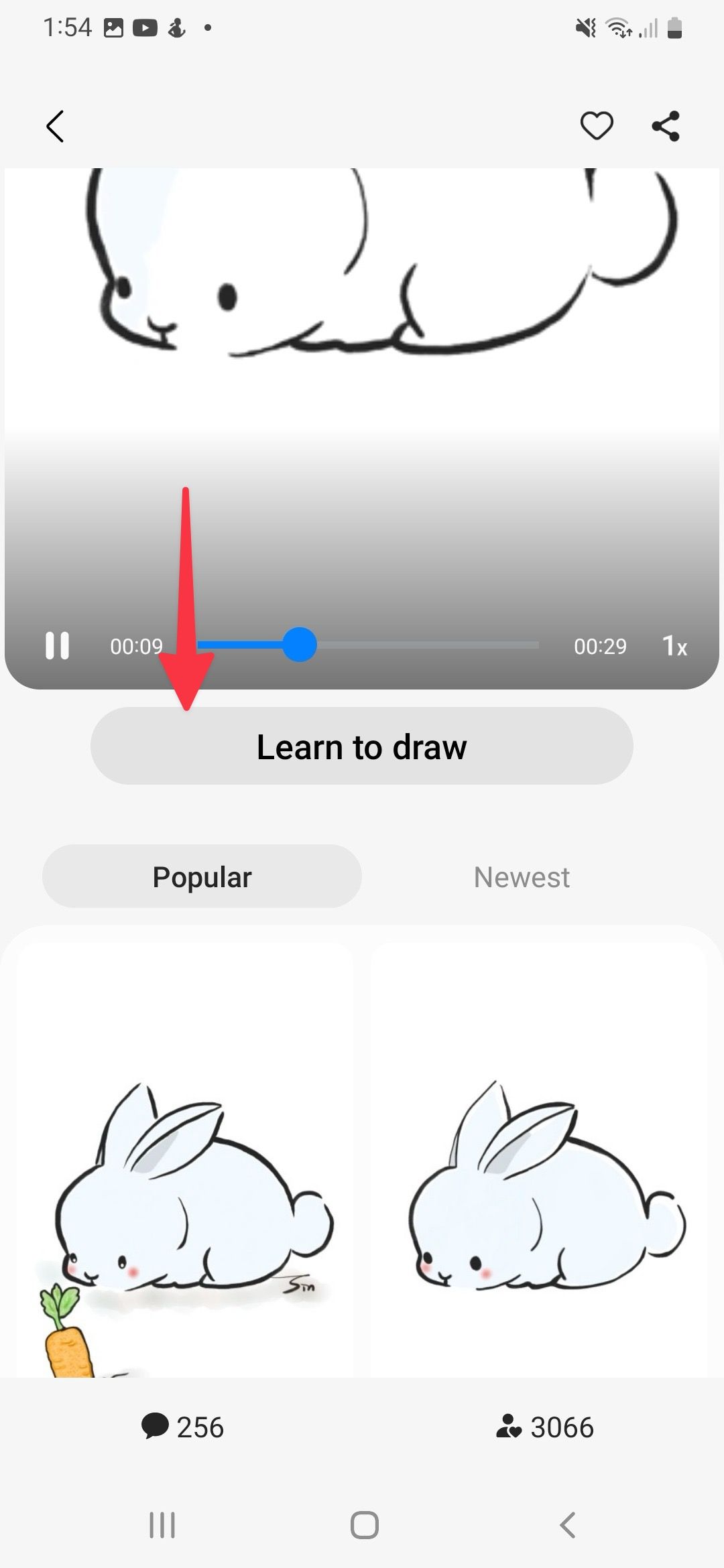 Página de visualização do desenho PENUP com uma seta apontando para o botão Aprenda a desenhar