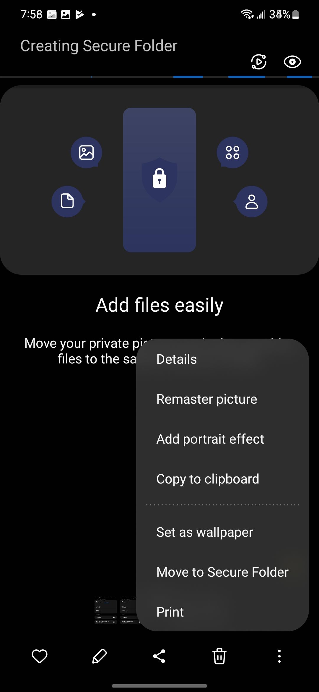 Uma imagem aberta na Galeria Samsung com o menu de opções aberto e o "Mover para pasta segura" opção visível