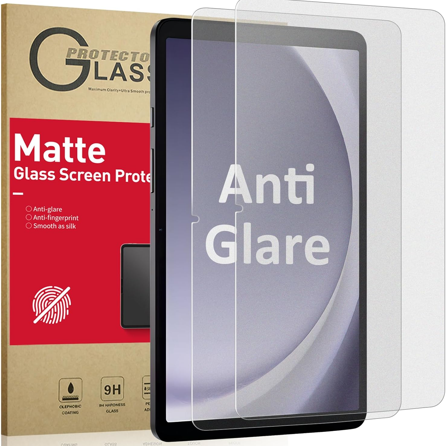 Protetor de tela de vidro temperado fosco Ambison para Galaxy Tab A9 + ao lado da embalagem em um fundo branco