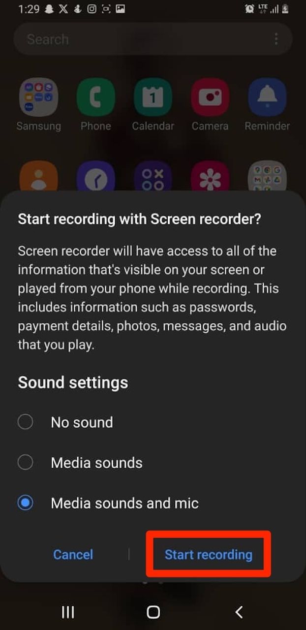 Opções de gravador de tela no Android