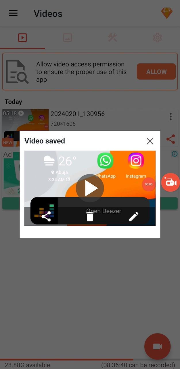 Pré-visualização da gravação de tela salva no aplicativo AZ Recorder