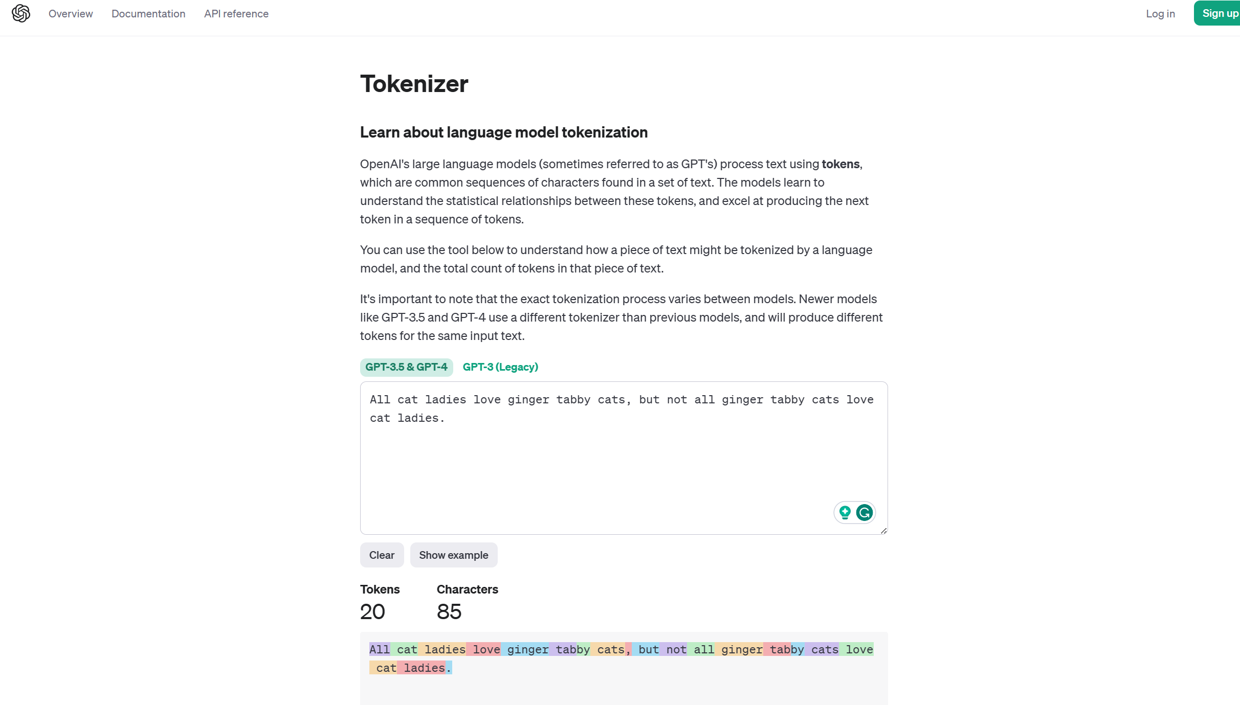 Uma captura de tela da página Tokenizer do OpenAI com uma frase na caixa de texto.
