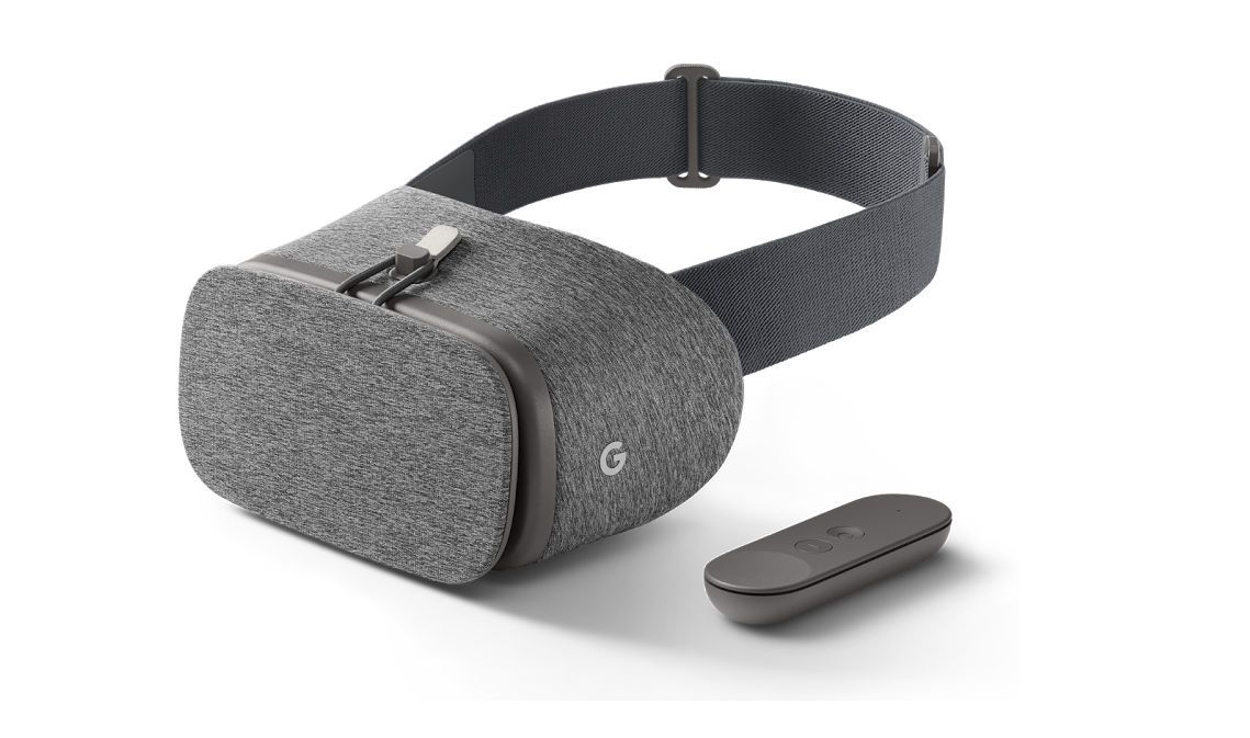 Uma renderização do produto do Daydream View e seu controlador