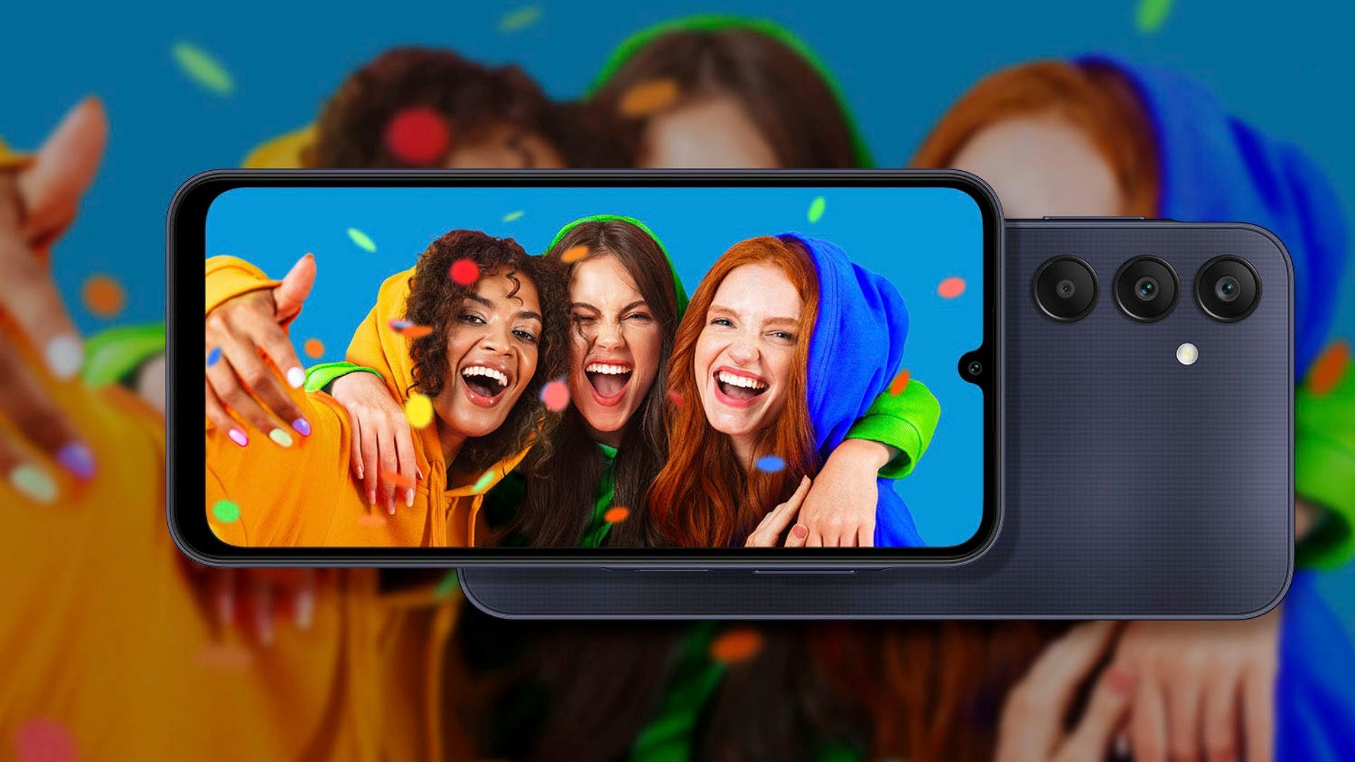 Samsung Galaxy A25, frente e verso sobrepostos com uma foto de grupo na tela