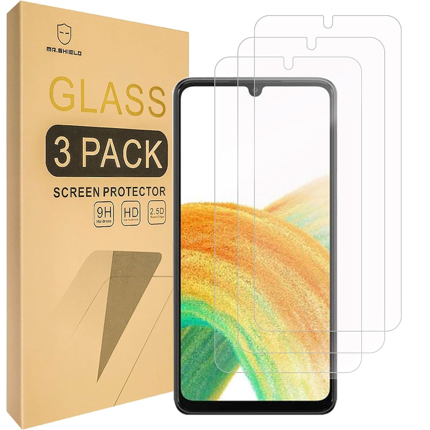 Protetor de tela de vidro temperado Mr.Shield para Galaxy A25 5G ao lado da embalagem