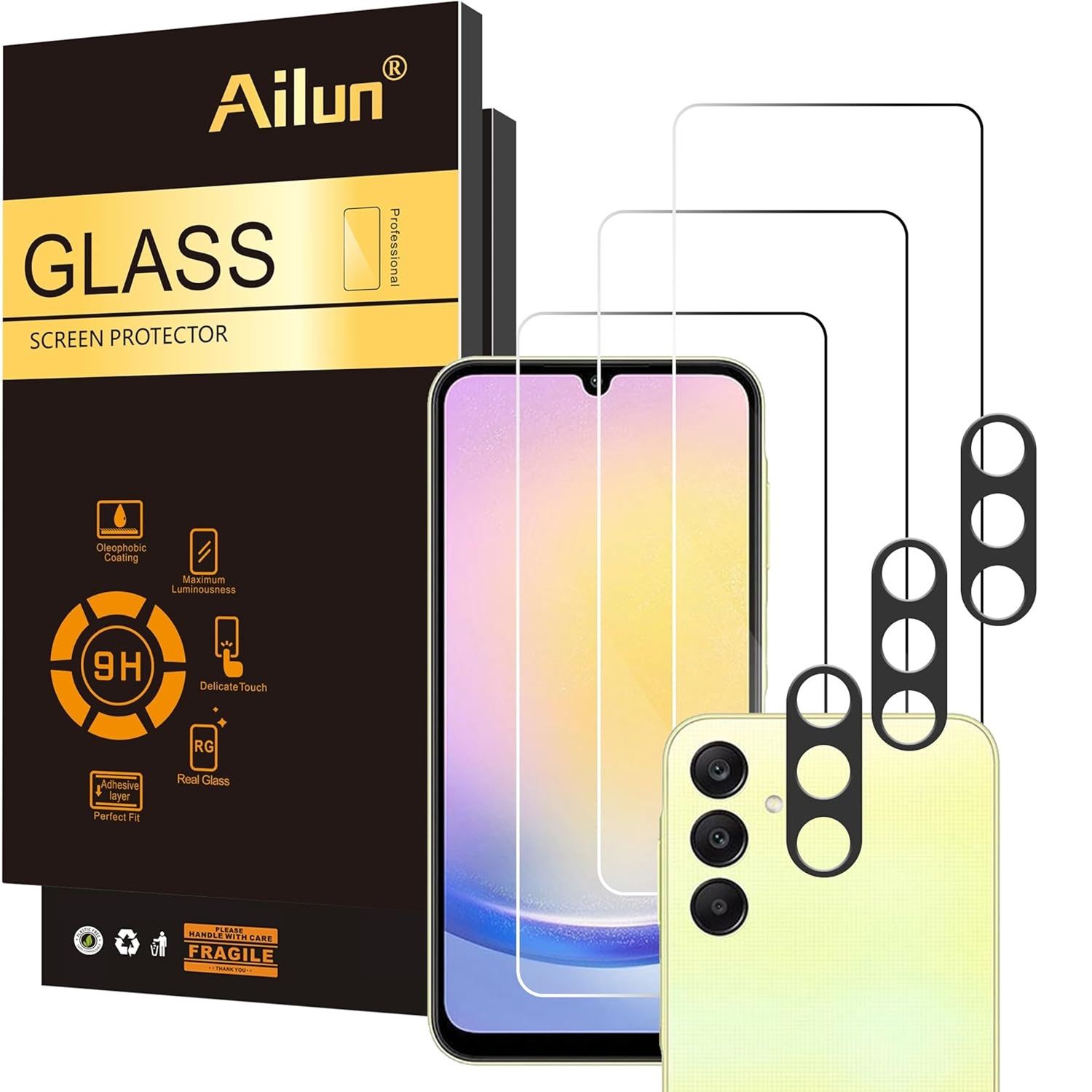 Protetor de tela de vidro Ailun para Galaxy A25 5G ao lado da embalagem