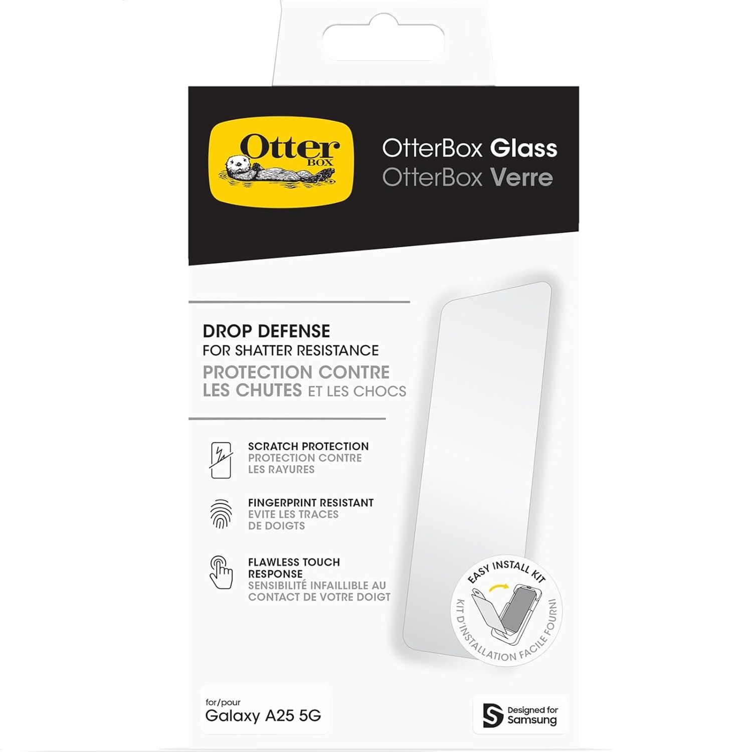 Protetor de tela de vidro OtterBox para Galaxy A25 5G na embalagem
