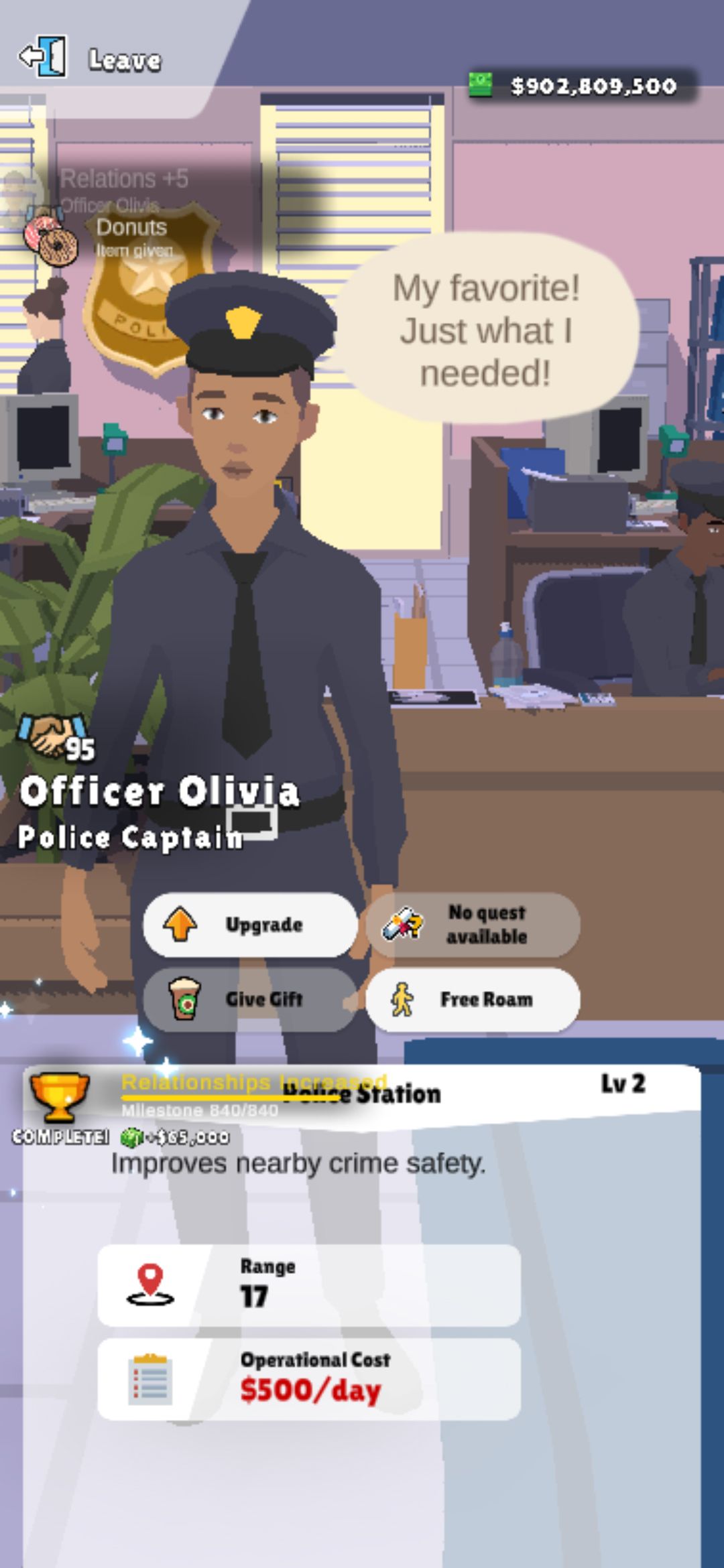 Oficial de Pocket City 2 Olivia recebendo um donut