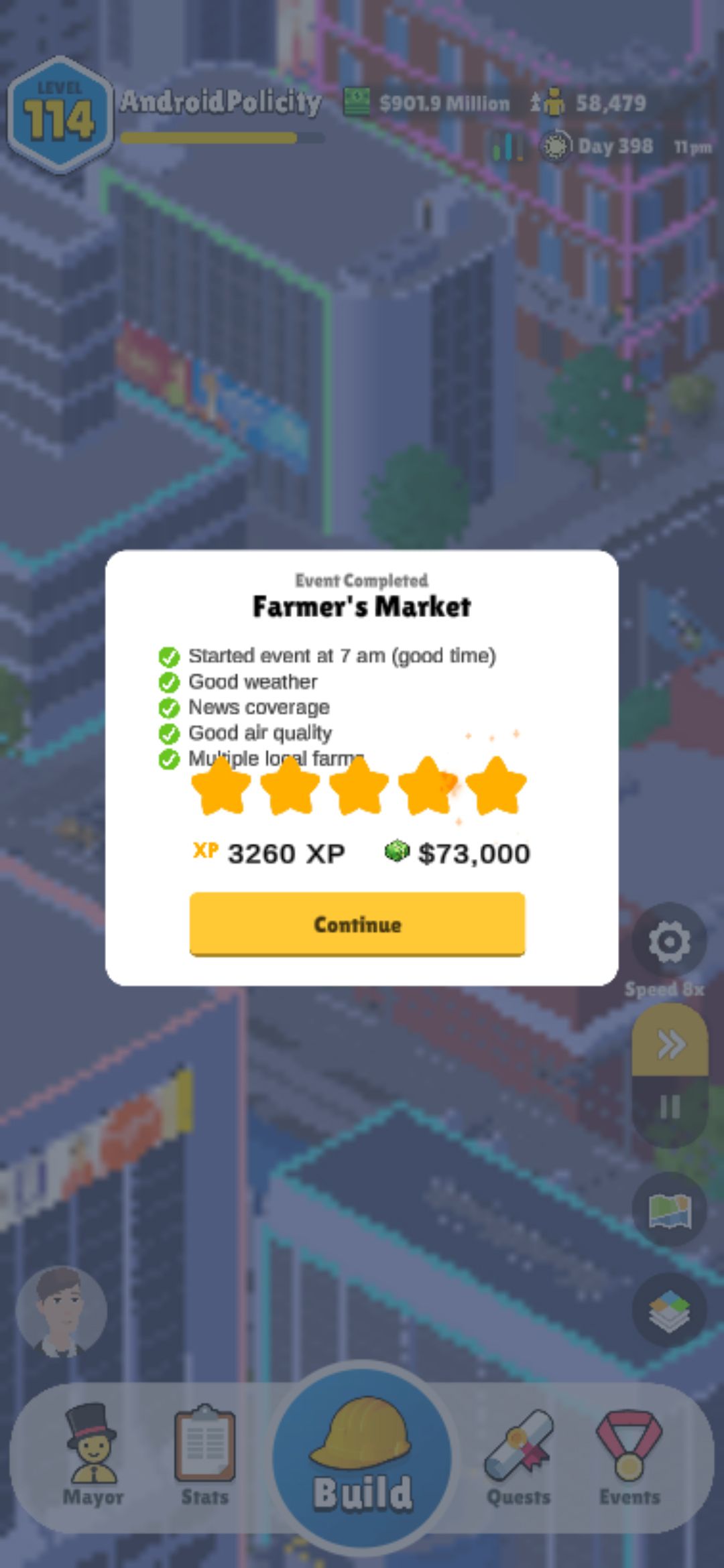 Tela de resumo de 5 estrelas do Pocket City 2 Farmers Market