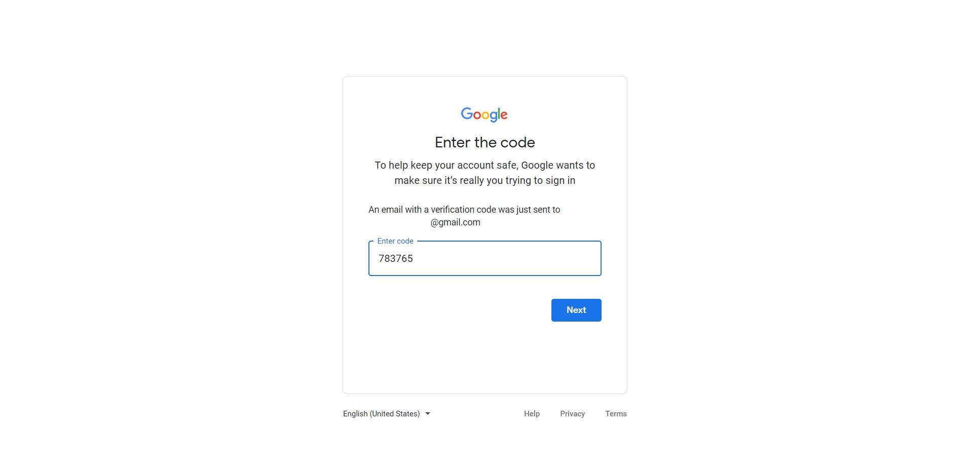 Inserindo o código de verificação na página de recuperação de conta do Google