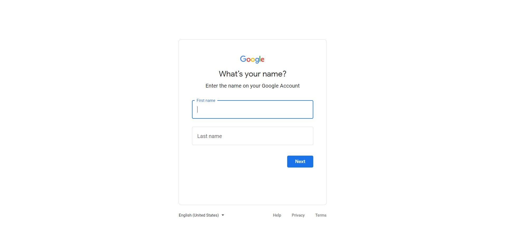 Inserindo nome e sobrenome na página de recuperação de conta do Google