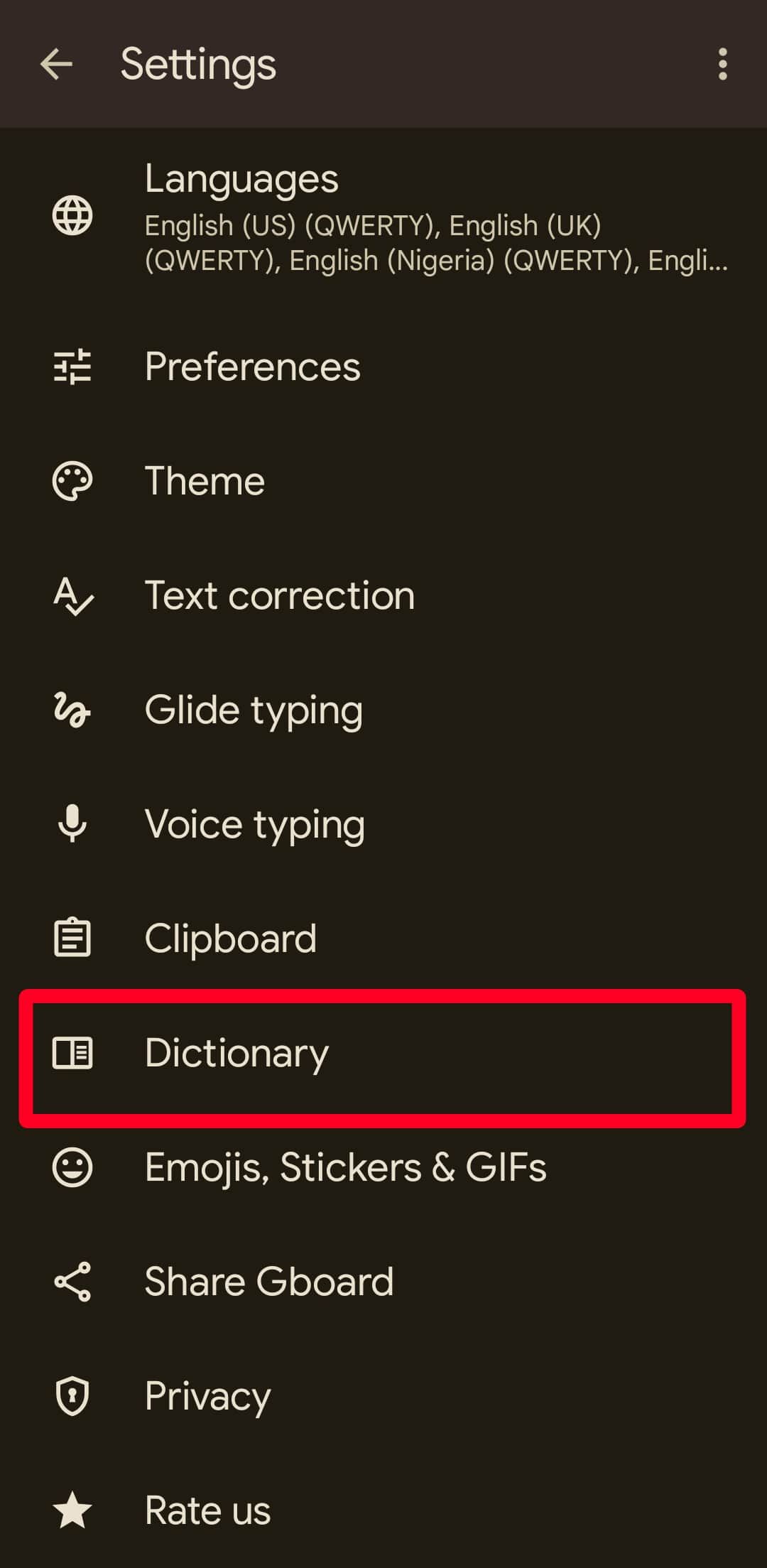 Captura de tela mostrando a opção Dicionário no menu de configurações do Gboard
