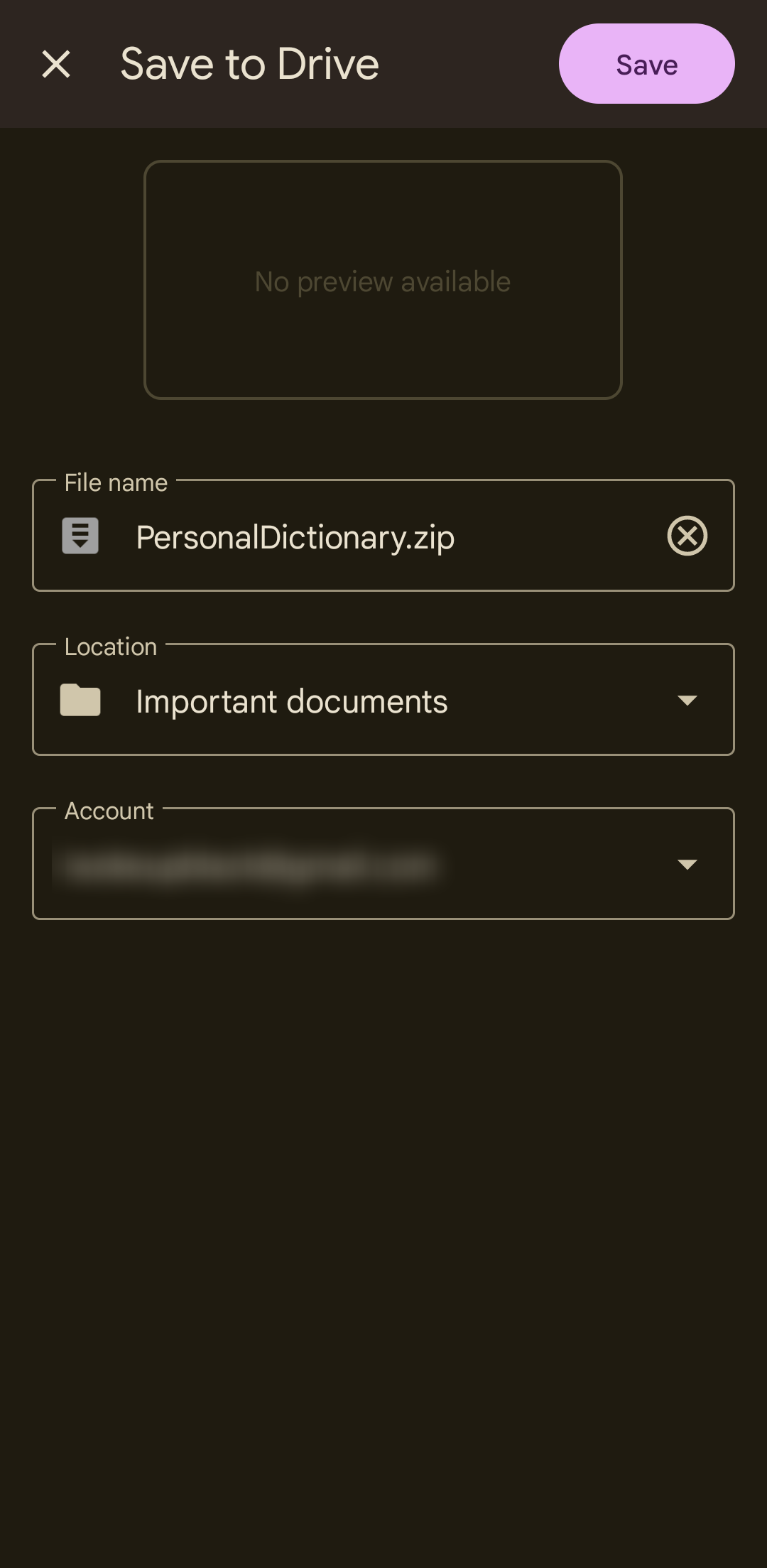 Captura de tela mostrando o dicionário pessoal do Gboard como arquivo ZIP no Google Drive