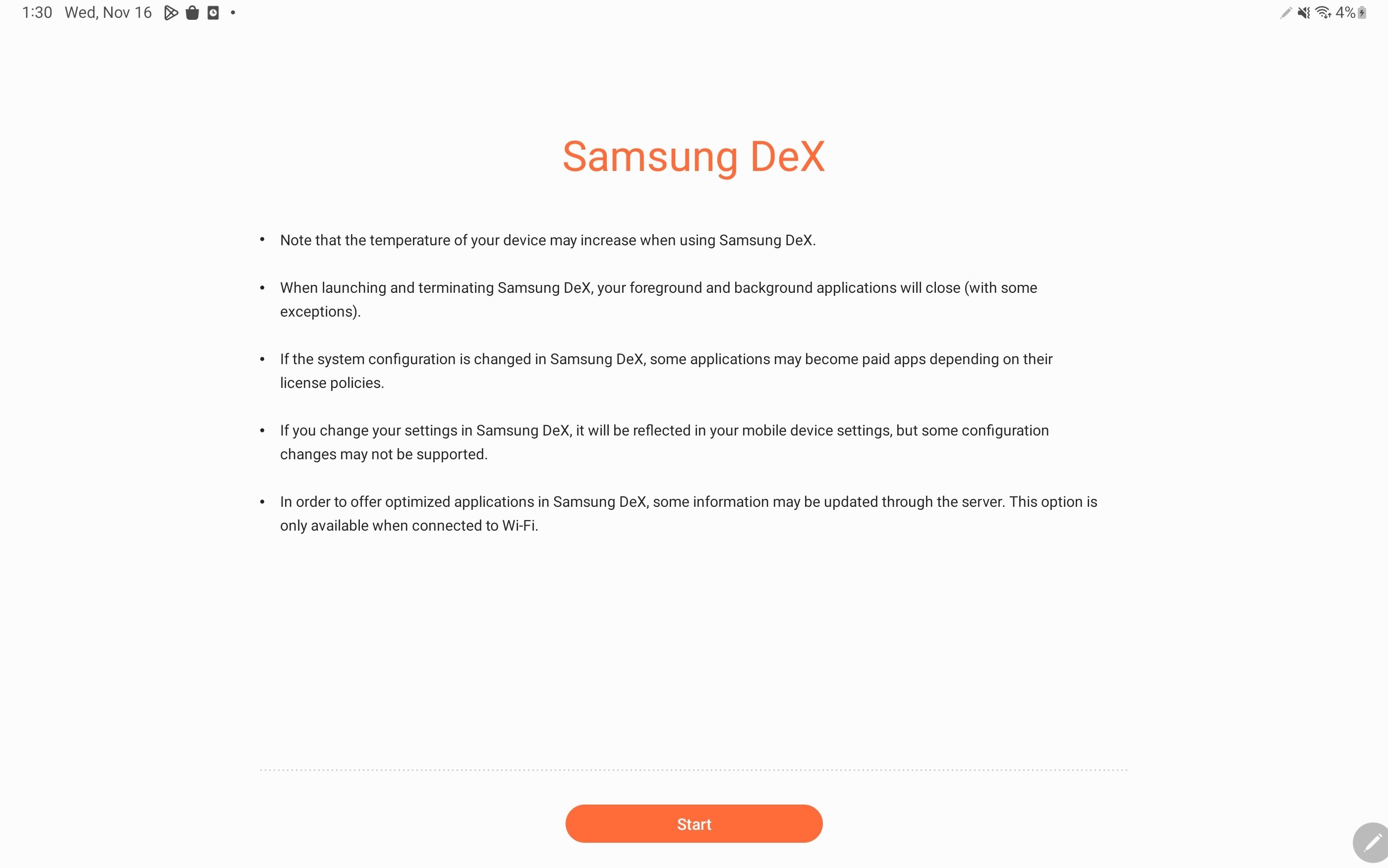 Clique em Iniciar depois de ler o aviso de isenção de responsabilidade do Samsung DeX em seu tablet.
