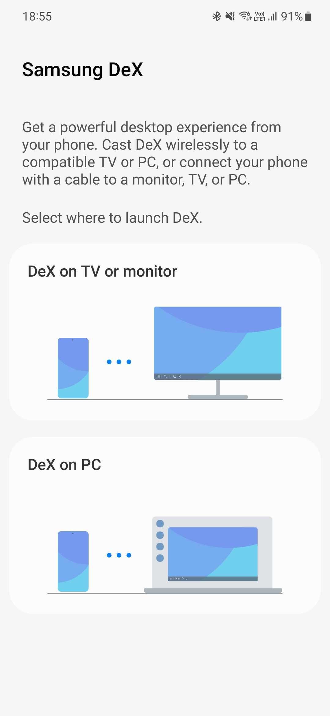 Comece o compartilhamento de tela sem fio do Samsung DeX nesta página.