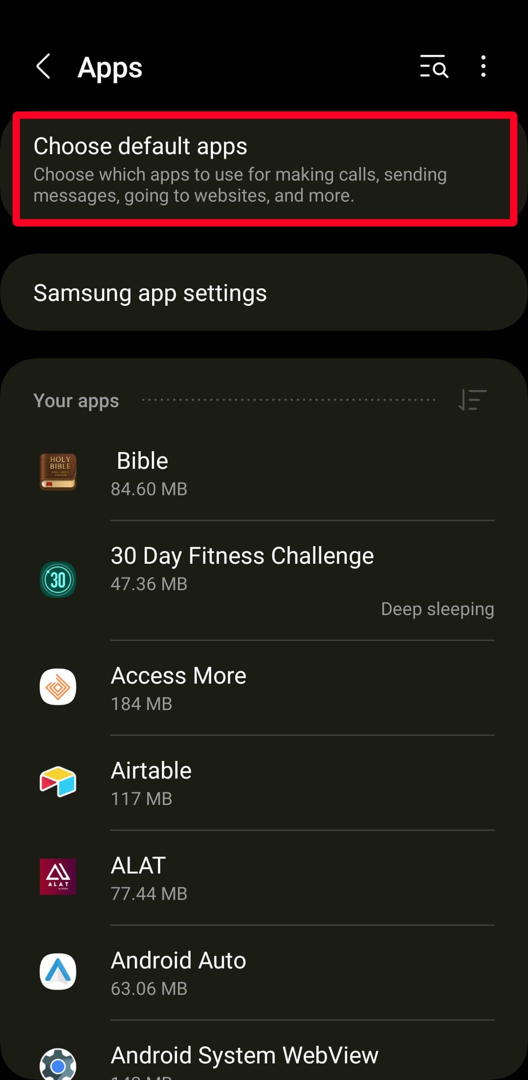 Captura de tela do menu Aplicativos nas configurações do Android
