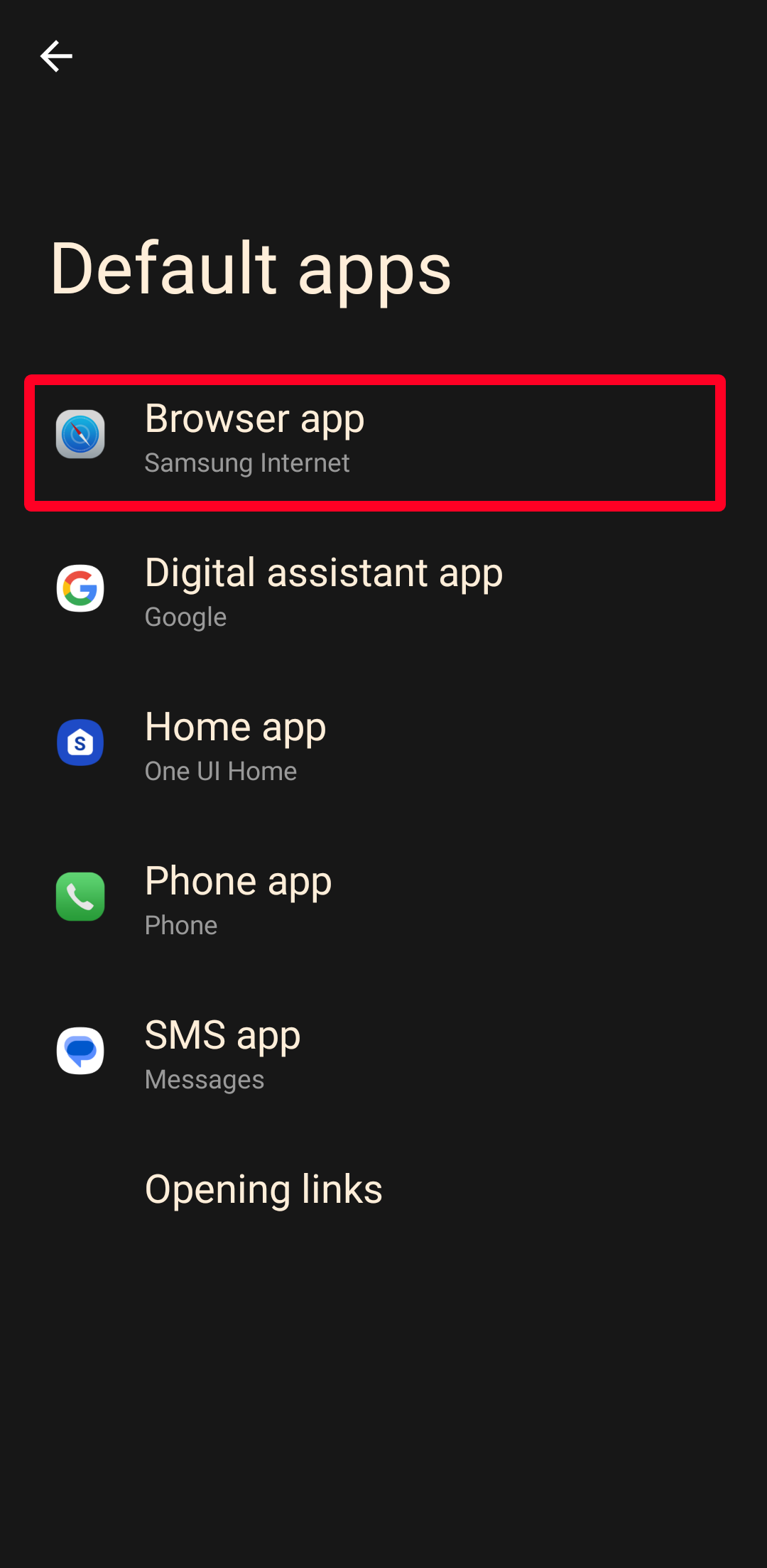 Captura de tela do menu de aplicativos padrão nas configurações do Android