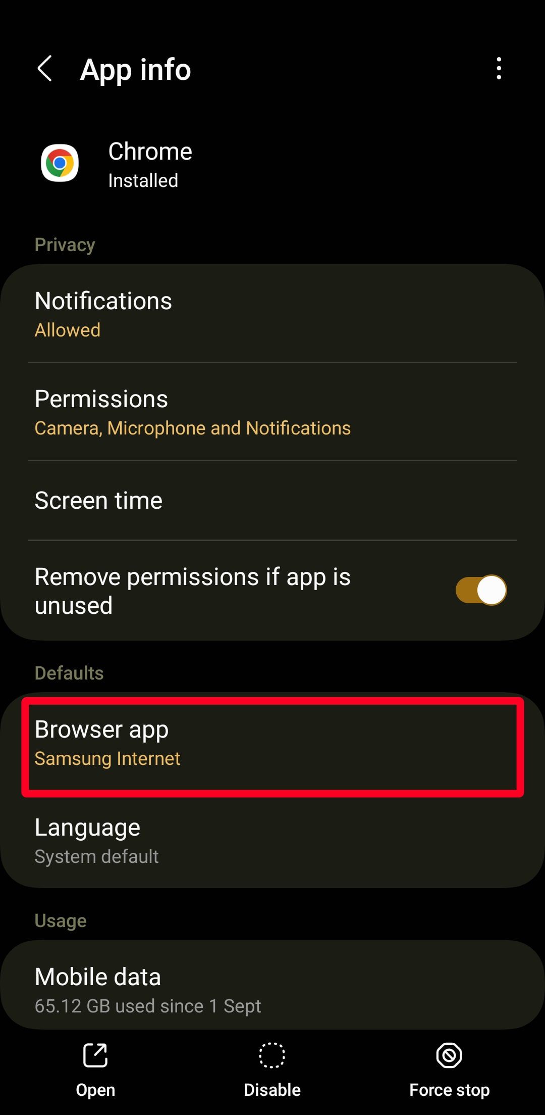 Captura de tela das informações do aplicativo Chrome nas configurações do Android