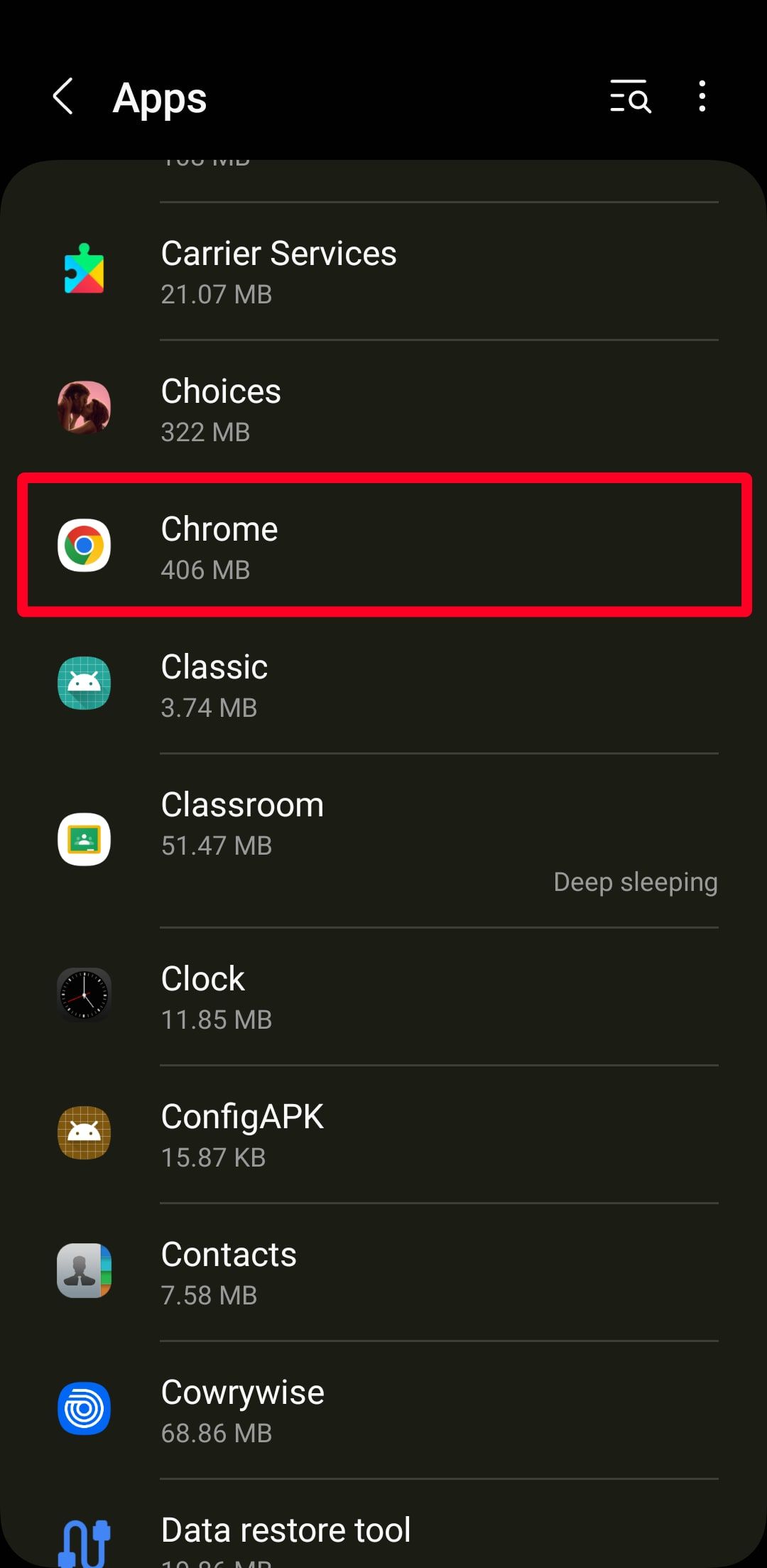 Captura de tela mostrando como selecionar o Chrome no menu Aplicativos no Android