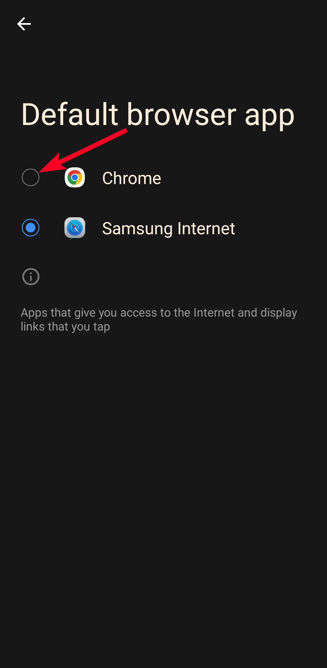 Selecionando o Chrome como menu do aplicativo do navegador no Android