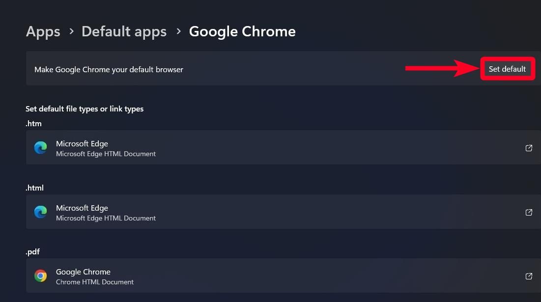 Opção para definir o navegador Chrome como aplicativo padrão no Windows 11