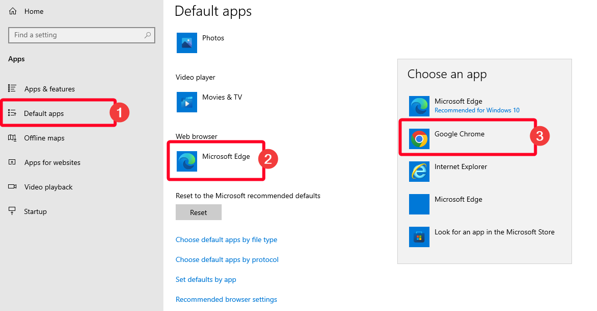 Captura de tela do menu de aplicativos padrão do Windows 10 com opções do navegador da Web destacadas