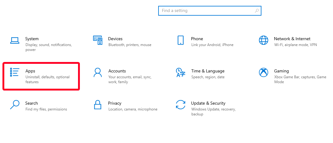Captura de tela do menu de configurações do Windows 10 com a opção Aplicativos destacada