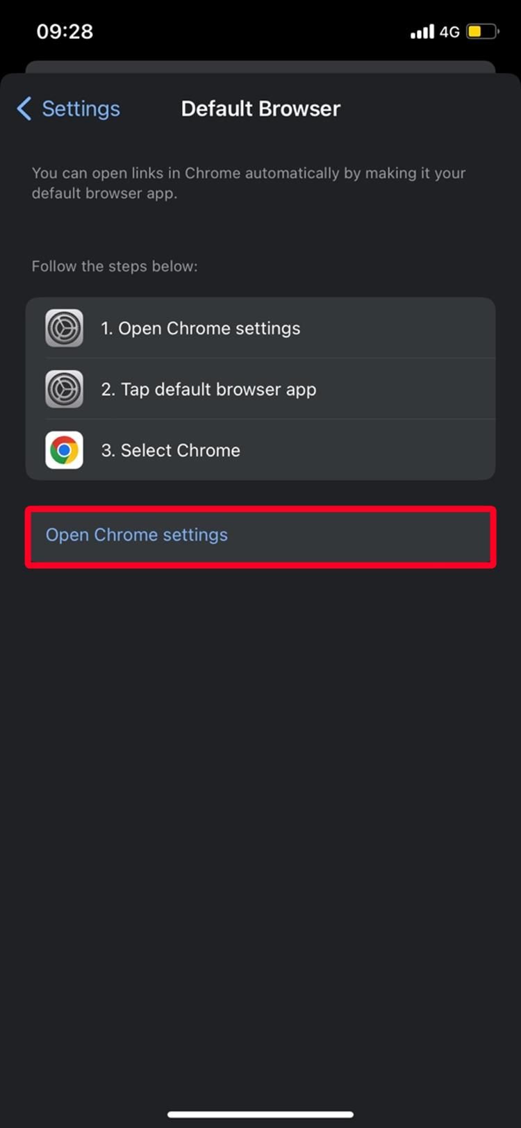 Captura de tela do menu do navegador padrão do Chrome no iPhone com 'Abrir configurações do Chrome' destacado