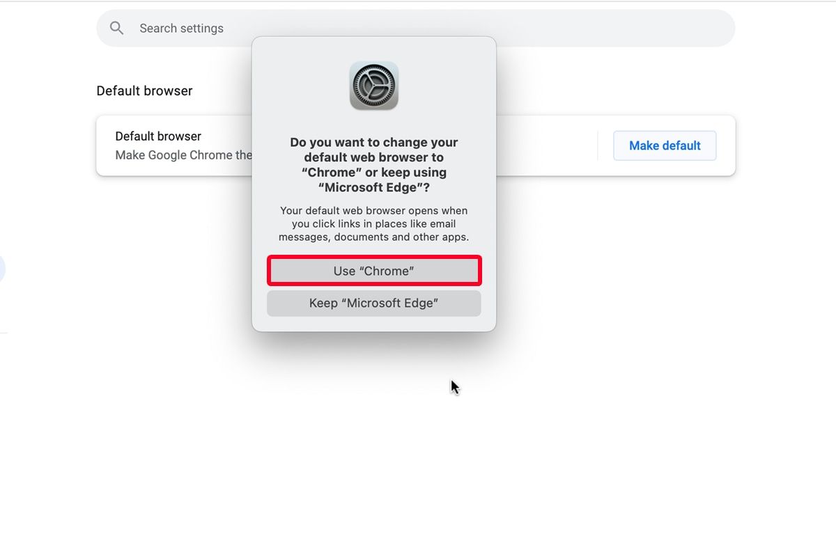 Captura de tela mostrando como usar o Chrome como opção de navegador padrão no Mac