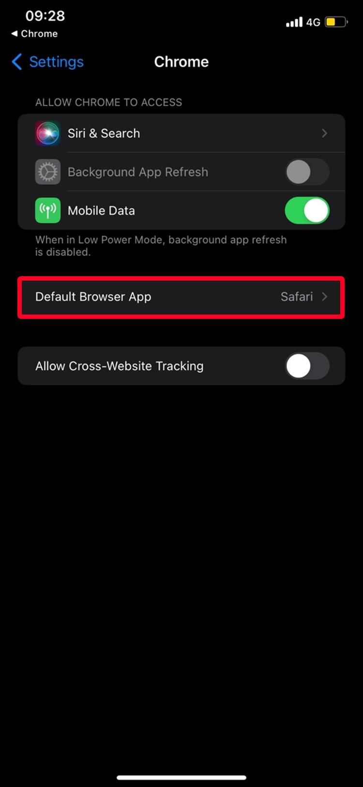 Captura de tela das configurações do navegador Chrome no iPhone com a opção Aplicativo de navegador padrão destacada
