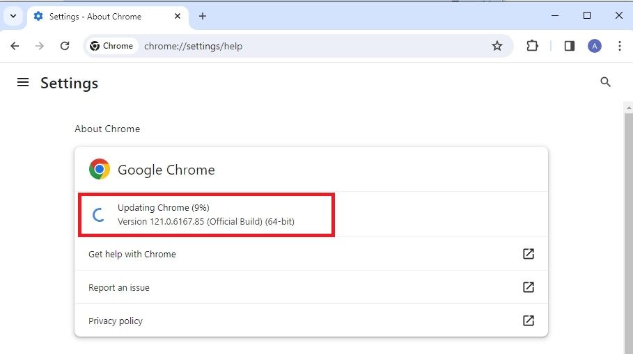 Captura de tela destacando 'Atualizando o Chrome' no Chrome