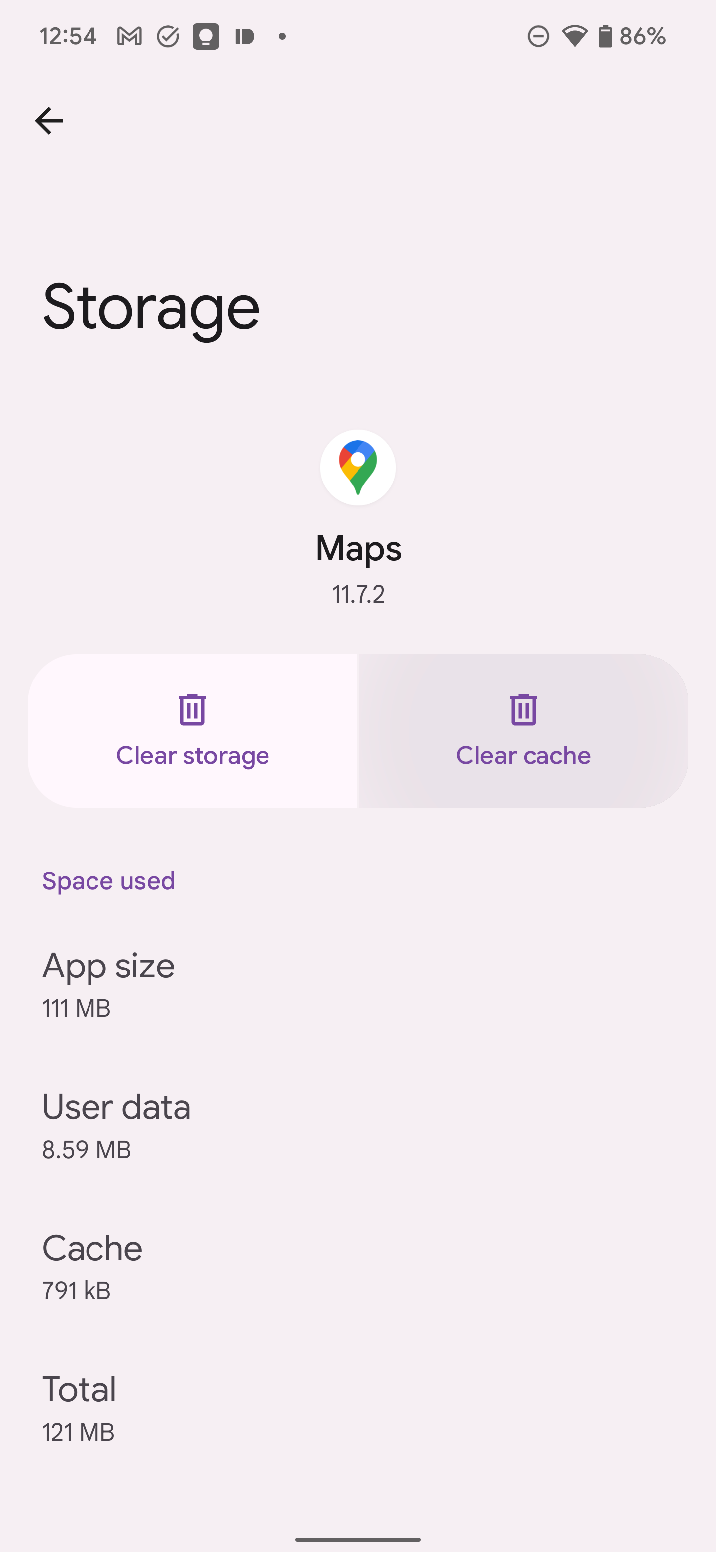 A captura de tela mostra a página ‘Armazenamento e cache’ do aplicativo Maps.  As opções Limpar armazenamento e Limpar cache são mostradas, com Limpar cache destacado.