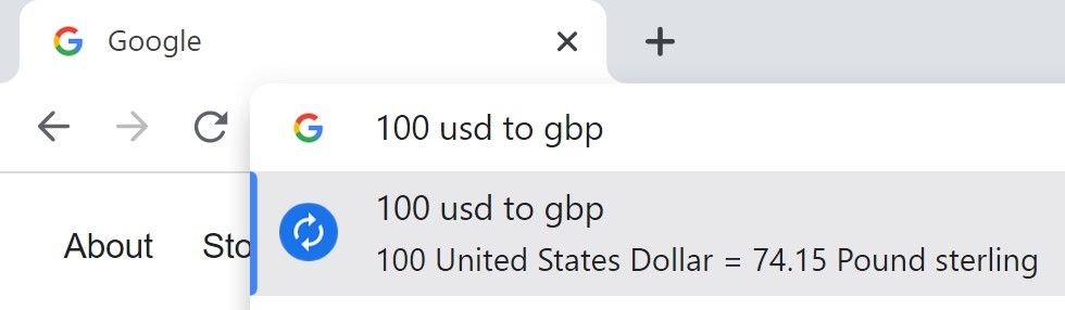 Omnibox do Google Chrome convertendo 100 dólares americanos em libras esterlinas