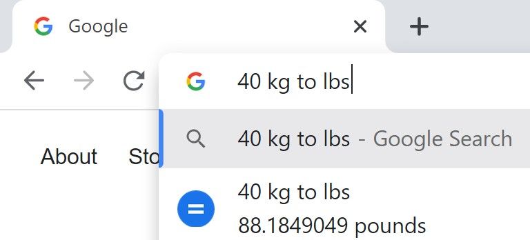 Convertendo quarenta quilogramas em libras usando a Omnibox do Google Chrome