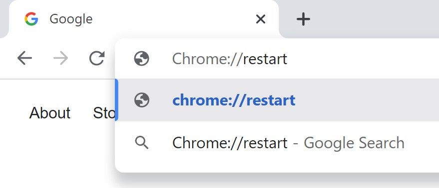 O comando de reinicialização do Chrome sendo digitado no Omnibus do Google Chrome