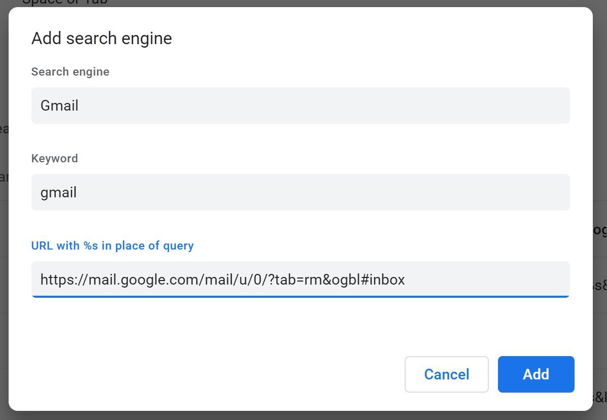 A caixa de diálogo Adicionar mecanismo de pesquisa criando um mecanismo de pesquisa do Gmail