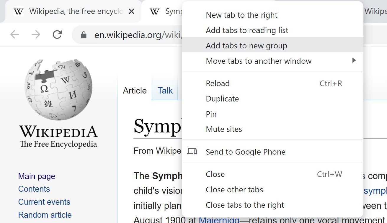 O menu do botão direito em uma guia com outras guias selecionadas e a opção Adicionar guias ao novo grupo destacada no Google Chrome