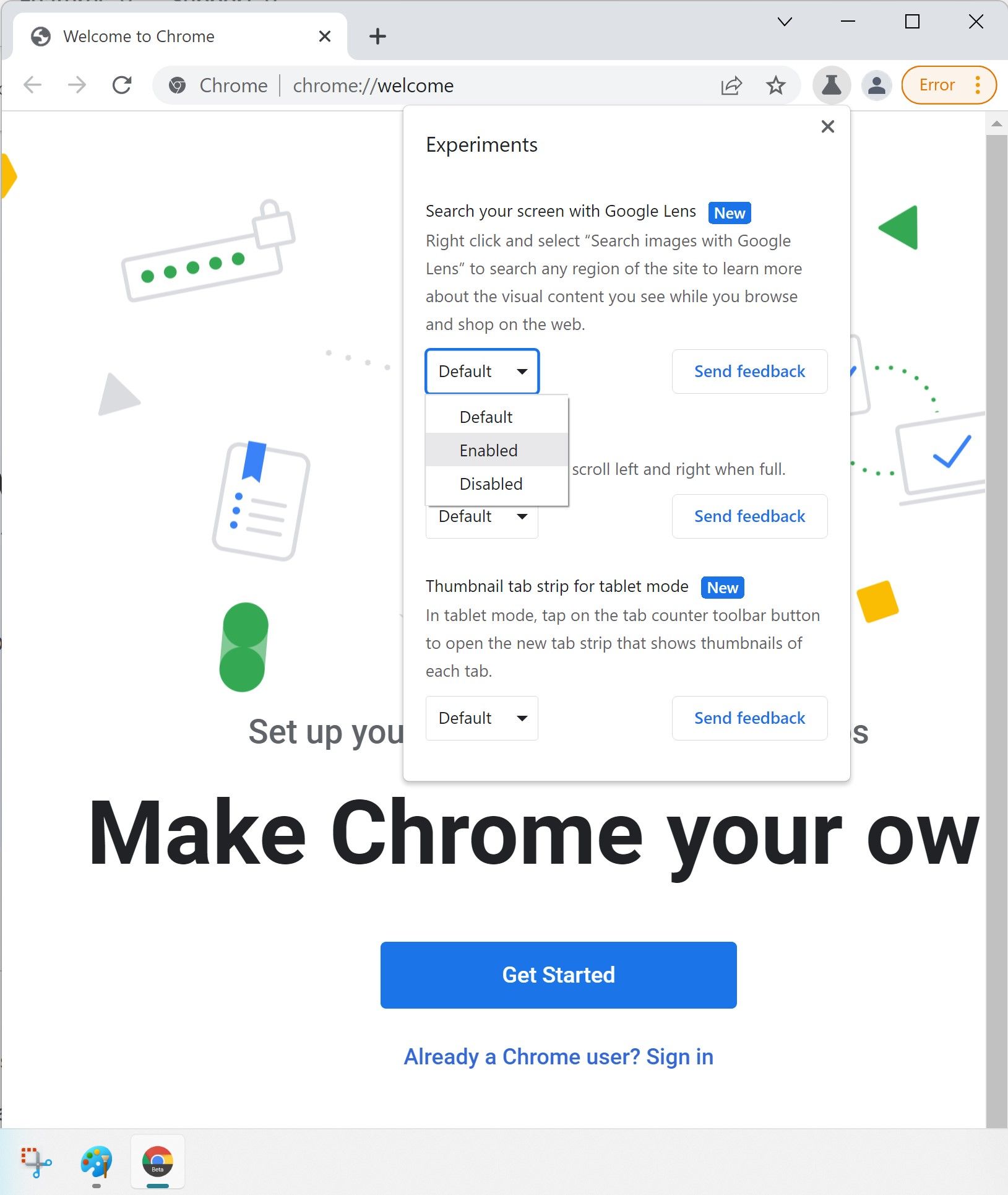 Selecionando recursos experimentais na página de boas-vindas do Google Chrome Beta