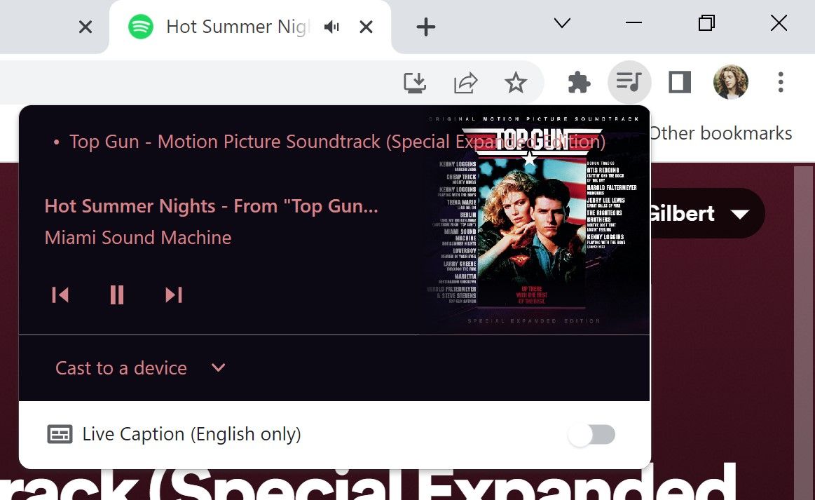 O reprodutor de mídia do Google Chrome tocando Hot Summer Nights do Miami Sound Machine