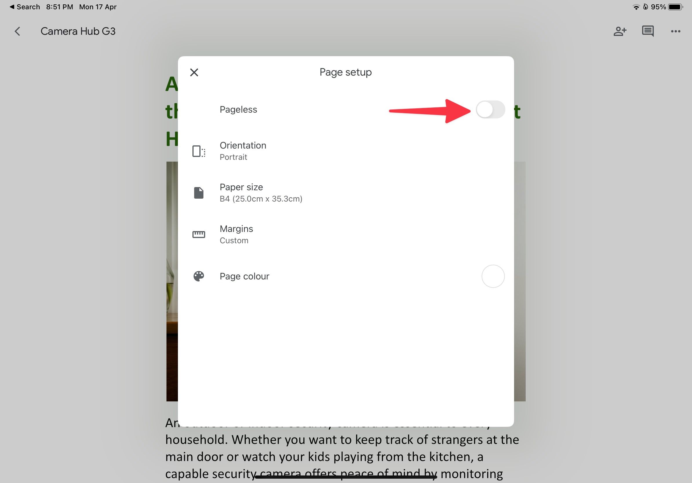 ativar sem página no Google Docs iPad