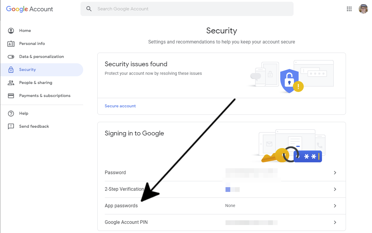A captura de tela mostra uma seta apontando para a opção ‘Senhas de aplicativos’ na guia Segurança nas configurações da Conta do Google.